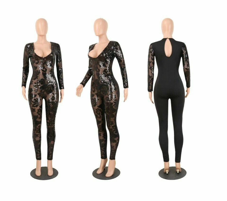 Mono de moda de malla transparente con retazos con lentejuelas vendaje cuello en V profundo de EE. UU. para mujeres #Q3 Foto 1 de 1