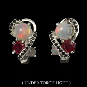 Unheated Round Fire Opal 5mm Black Spinel Ruby 925 Sterling Silver Earrings - Picture 1 of 9