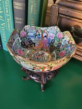 Vintage Chinese Famille Rose Hand Painted Scalloped Lotus Bowl Signed w/ Stand