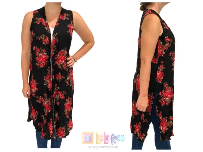  LULAROE JOY SLEEVELESS DUSTER LONGLINE OPEN LONG VEST BLACK RED FLORAL NWT S 🌸 - Image 1 of 4