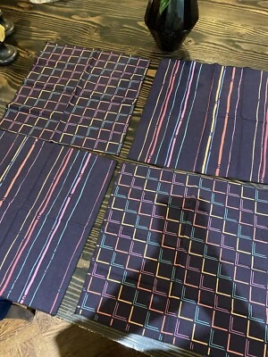 Four Vintage 16” Square Navy Napkins Orange Blue Pink Green Modern 2 Patterns - Image 1 of 4