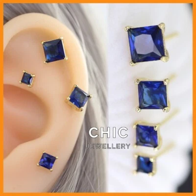 9K Yellow GOLD Filled Blue Sapphire MENS WOMENS KIDS 3-6mm Square STUD EARRINGS - Image 1 of 4