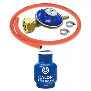 BUTANE GAS BOTTLE REGULATOR WITH 1m ORANGE FLEXIBLE HOSE 21mm SCREW IN 30mbar - Picture 1 of 24
