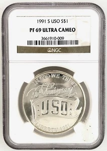 1991-S USO Anniversary Modern Silver Commemorative $1 PF 69 Ultra Cameo NGC - Picture 1 of 8