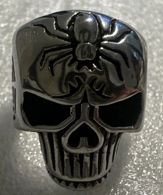 Spikes Stainless Steel Biker Ring-"Spiderweb Skull"-Punk 7.5 - Image 1 of 4