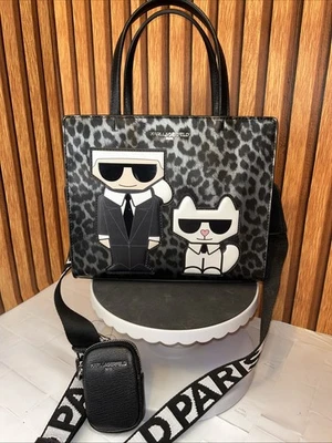 Karl Lagerfeld Leopard Print Satchel Bag - Faux Leather Black/Gray NEW - Image 1 of 4