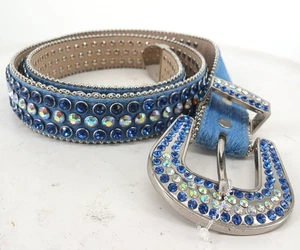 TB DNA RHINESTONE CALF HAIR COWBOY WESTERN STUDDED BELT BLUE SIZE LARGE A133 - Picture 1 of 10