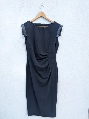 NUEVO CON ETIQUETAS $99 Vestido Anne Klein Negro Body Con Imitación Cuero Mangas Gorra Para Mujer Talla 8 Foto 1 de 4