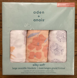 Aden + Anais Silky Soft 3 Large Swaddle Blankets Orange Blue White Baby Gift NEW