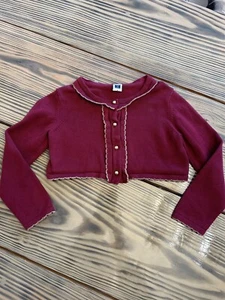 Janie And Jack Cranberry Cardigan Gold Scalloped Stitching Cropped Size 3 - Picture 1 of 7