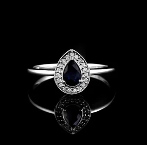 925 Sterling Silver Women Pear Engagement Ring Natural Blue Sapphire &Moissanite - Picture 1 of 2