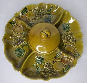 Vintage Avocado grün Kalifornien Keramik Chip Dip Obst Tablett Trauben Birne Deckel USA - Bild 1 von 14