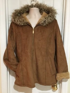 Ellen Tracy Brown Full Zip Hooded Faux Fur Accent Parka Coat XL Hip Jacket EUC - Picture 1 of 6
