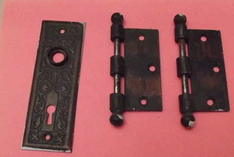 2 Brass Hinges and Thin Brass Door Plate Cover