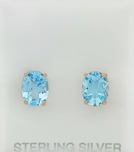 GENUINE 4.10 Cts BLUE TOPAZ STUD EARRINGS .925 Silver (ROSE)- NEW WITH TAG - Picture 1 of 5