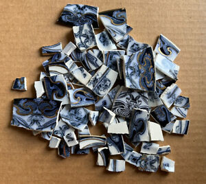 Antique Broken China Plate Mosaic Tiles Flow Blue IRIS Art Nouveau 75+  Lot B