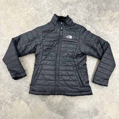 Chaqueta acolchada North Face Girls L 14/16 REVERSIBLE polar peluda negra cálida Foto 1 de 4
