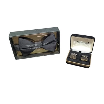 NEW! Pronto Uomo Couture Black Silk Bow Tie and Cufflink Set Mens Formal Wedding - Image 1 of 4