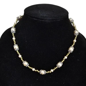 Vintage Y2K Single Strand Choker Necklace Pearls Gold and Cream Tone - Foto 1 di 5