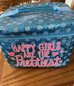 Justice Make-up Case Storage Container Blue Glitter Happy Girls Are Prettiest - Picture 1 of 6