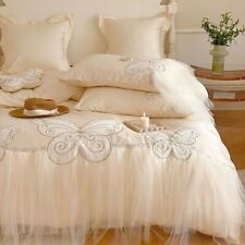 Butterfly Embroidery Bedding Set 1000TC Egyptian Cotton Lace Ruffles Duvet Cover