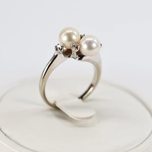 Vintage 10k Weißgold Doppel Zuchtperlen mit Diamant Akzenten Ring-Größe 5 3/4 - Bild 1 von 13