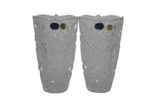 2 Czech Bohemian Hand Cut Crystal Queen Lace Sawtooth Flower Vases Pair 9" - Picture 1 of 12