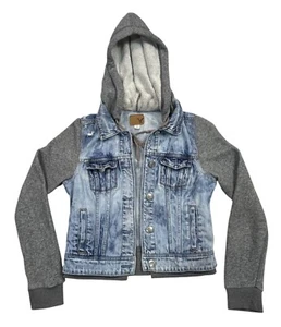 AMERICAN EAGLE Denim Jacket Distressed Fleece Sleeves & Hood Pockets Size S - Picture 1 of 15