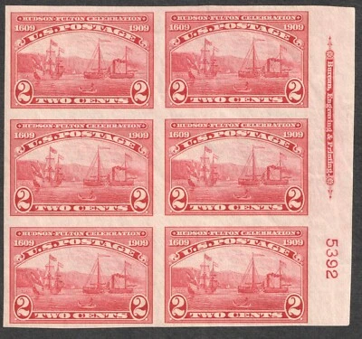 US 373 1909 #5392 Right side Plate Block of 6 1909 Hudson Fulton imperf MNH^ - Image 1 of 2
