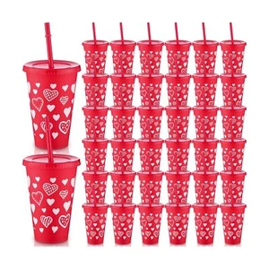 36 Pcs Valentine's Day Cups with Lids and Straws 16 oz Heart Plastic Reusable... - Picture 1 of 7