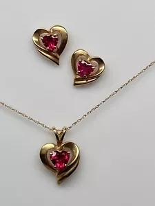 10K Yellow Gold Created Ruby Heart Pendant and Matching Earrings - Picture 1 of 7