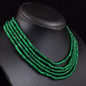 384 Cts Natural 5 Strand Green Onyx Round Shape Faceted Beads Necklace JK 13E364