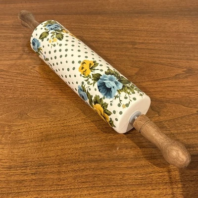 Pioneer Woman Rose Shadow Ceramic Rolling Pin Floral Polka Dots Rare HTF - Image 1 of 4