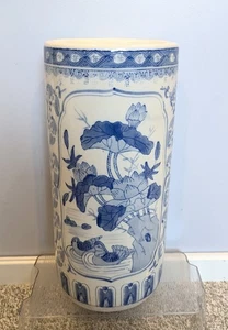 Portaombrelli alto chinoiserie dipinto a mano blu e bianco grande vaso monumentale - Foto 1 di 15