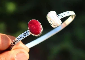 Natural Ruby & Pearl stone Handmade 925 solid Sterling Silver Bangle Sz 7-8" - Picture 1 of 3