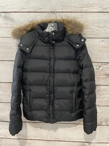Lucky Brand Black Down Puffer Jacket Zip Front Hoodie EUC Junior's Size Large - Picture 1 of 12