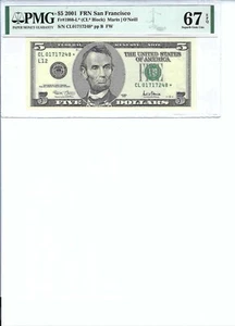 2001 $5 FRN FR1988-L* PMG 67 EPQ, San Francisco * Note S/N L01717248*!!￼ - Picture 1 of 2