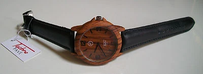 Men Wood Look Black Leather Band Techno Pave Round Fashion Casual Hip Hop Watch - Image 1 of 4