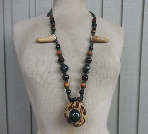 Tagua Secret Pipe Hemp Necklace w/ Moss Agate Bloodstone Antler Tips Adjustable - Picture 1 of 13