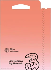Karta Three Sim - 3 Three Pay as you go Prepaid - FABRYCZNIE NOWA - Darmowa wysyłka - Zdjęcie 1 z 1