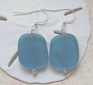 BLUE sapphire Cultured sea glass Handmade with silver drop earrings - Picture 1 of 2