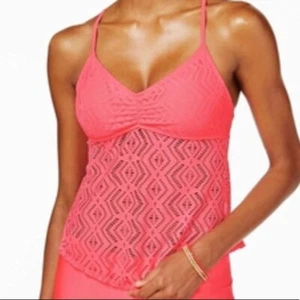 NWT Hula Honey Juniors Swim Tankini Small Crochet Wild One Bright Coral Top - Picture 1 of 9