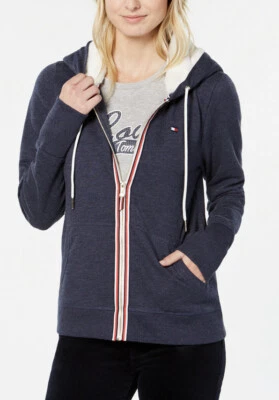 New Tommy Hilfiger Faux-Fur lining cozy casual Hooded Sweatshirt dark wash blue - Image 1 of 2