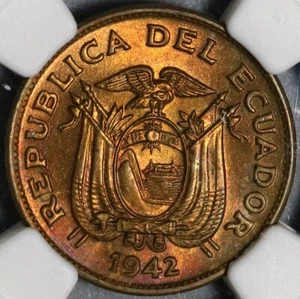 1942 NGC MS 65 Ecuador 20 Centavos Mint State BU Brass Coin (21030703C) - Picture 1 of 6