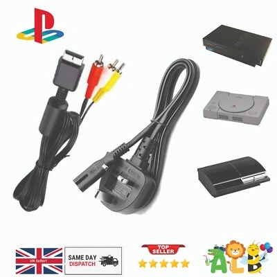AV Cable + Power Lead For Playstation PS1 PS2 PS3 Console TV Lead & Bundle UK - Image 1 of 4