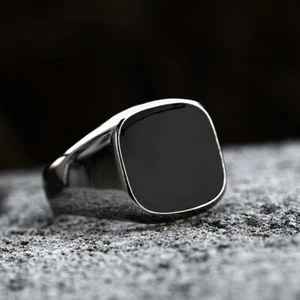 Black Enamel Signet Ring Stainless Steel Men's Fashion Classic Biker Punk Ring - Picture 1 of 4