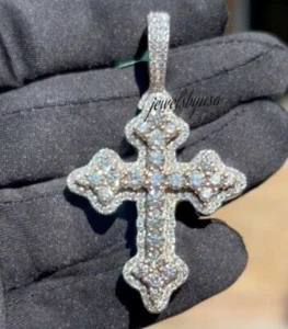 Men's 2Ct Real Lab Grown  Diamonds Iced Jesus Cross Pendant 925 Sterling Silver - Picture 1 of 5
