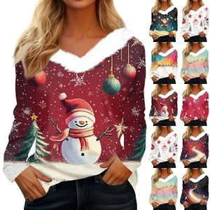 Long Sleeve Shirts For Women Cute Tops Christmas Prints Tees Blouses Casual - Picture 1 of 36