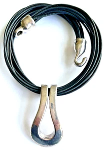 Simon Sebbag 925 Sterling Silver Black Leather Collar Necklace Oversized Clasp - Picture 1 of 4