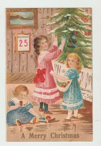 Vintage Early  Christmas Postcard Little Girls Decorating Christmas Tree - Picture 1 of 1